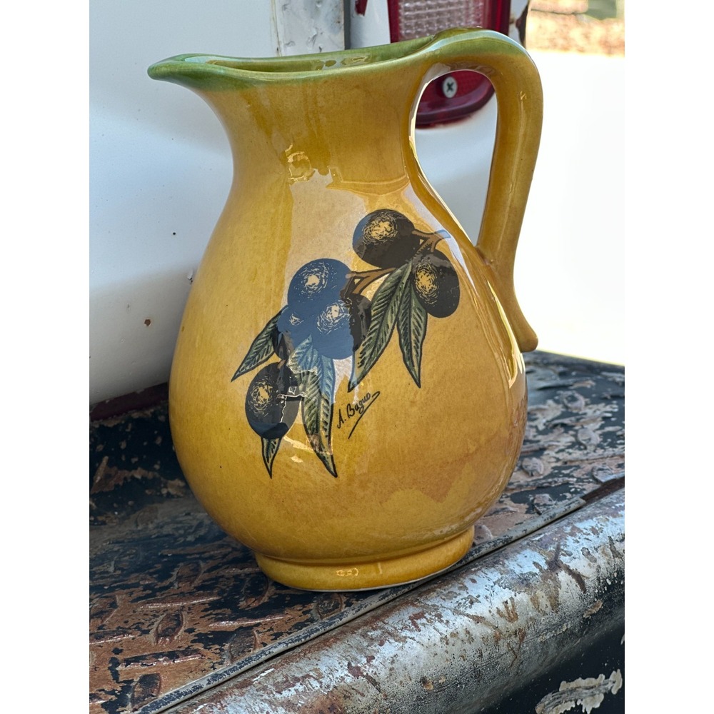 Vintage Artist Signed Water Pitcher Made In France Olive Tuscany Design 6"